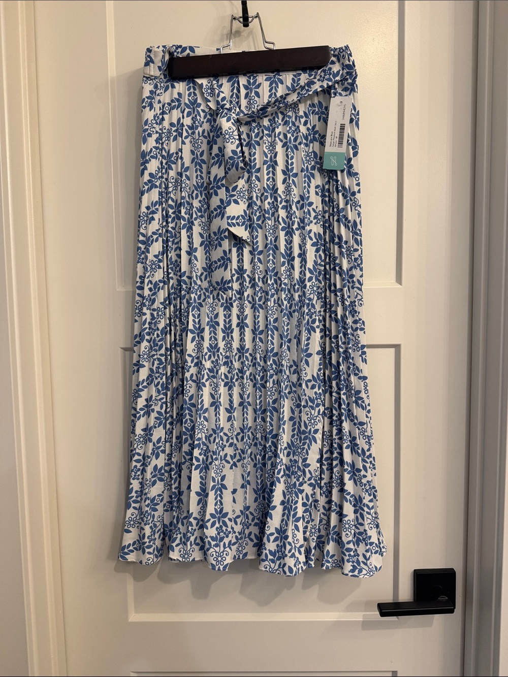 Skies Are Blue White Midi Skirt with Blue Floral Print